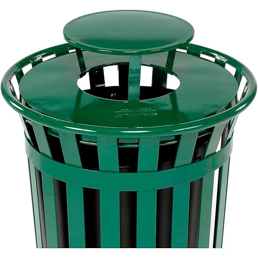 Global Industrial Heavy-Duty 36 Gallon Capacity Outdoor Metal Slatted Trash Receptacle with Rain Bonnet Lid & Plastic Liner, Green, Commercial & Industrial Trash Can
