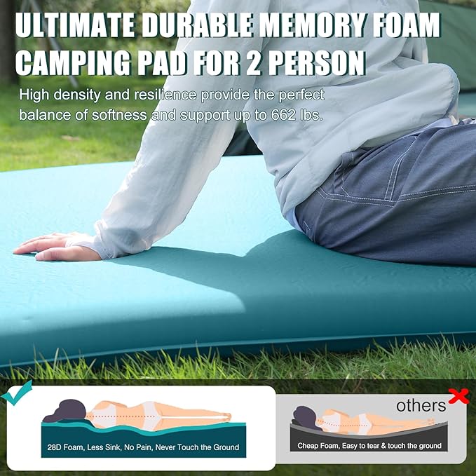 Double Self Inflating Sleeping Pad with Electric Pump,3.14" Thick Memory Foam Camping Mattress 2 Person w/Pillow,Easy Inflate&Deflate,Outdoor Camp Mat for Rooftop Tent Car Truck, Peacock-Blue