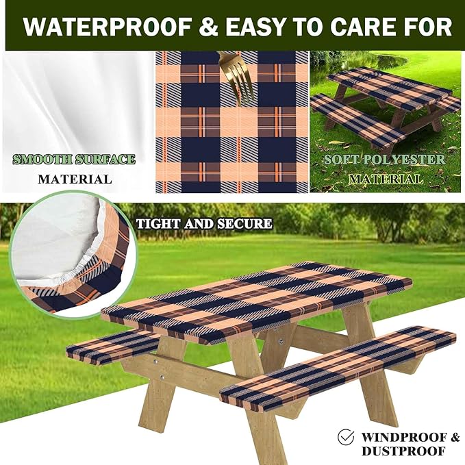 CAPSCEOLL Fitted Picnic Table Cover with Bench Covers with Elastic 8Ft Waterproof Picnic Table Cloths Windproof Outdoor Camping Tablecloth with Drawstring Bag, 96X30in, Autumn Plaid