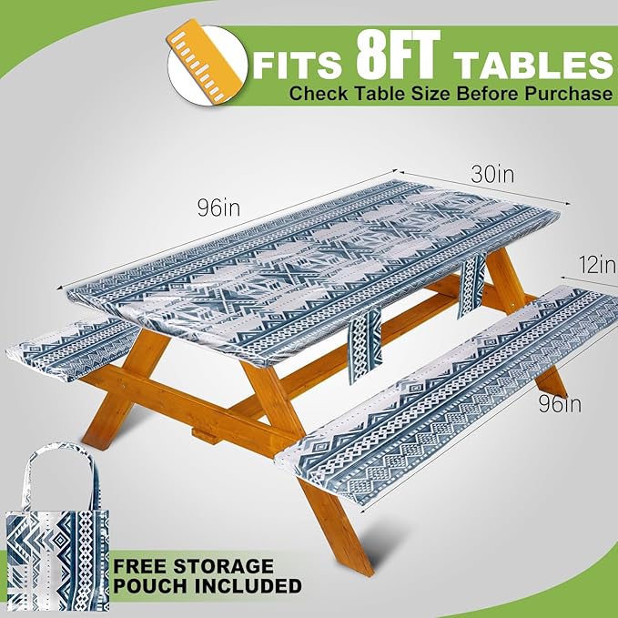 Fitted Picnic Table Cover with Bench Covers Waterproof Elastic Edges Rectangle Patio Tablecloth Outdoor Camping Essentials Stuff Rv Accessories Summer Trip Travel Camper Gifts for Woman Men, 96in 8 ft