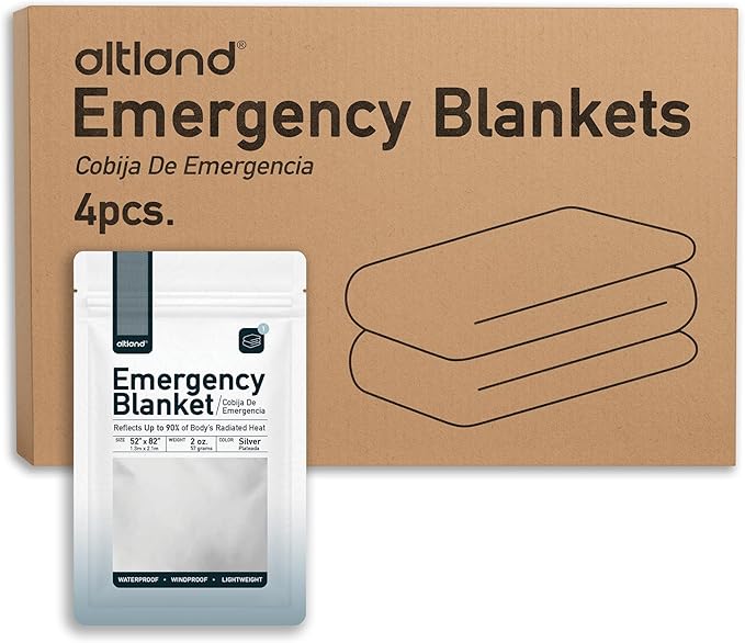 Altland 4 Pack of Emergency Blankets - Heat Reflective Blankets for Winter Survival Kits, Disaster Preparedness, Cold Weather Camping, and Homeless Care Packages