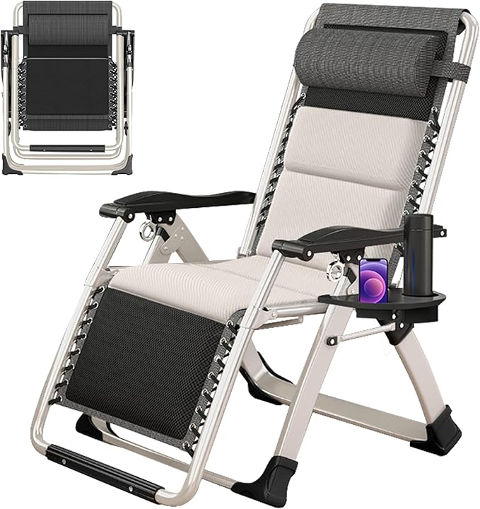 ABORON Padded Zero Gravity Chair,Premium Outdoor Lawn Folding Lounge Chairs,Sturdy Adjustable Reclining Patio Chairs with Headrest & Tray