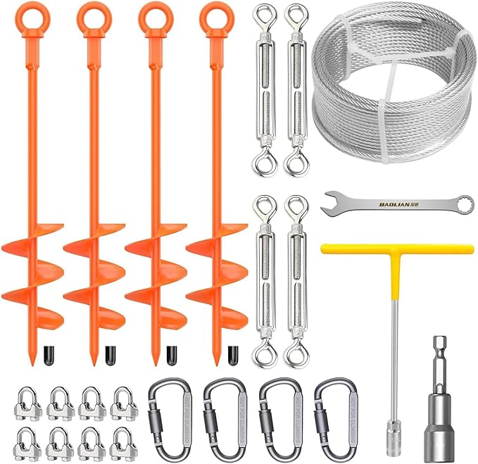 4 Pack 18" Fully Welded Ground Anchors Shed Anchor Kit with 1/8" Galvanized Cable, Heavy Duty Earth Anchors High Wind Screw in for Trampoline Swingset Tent Greenhouses (Orange)