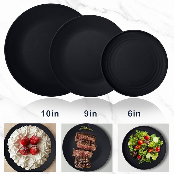 Wheat Straw Plate and Bowl sets with cups and cutlery set of 64- Unbreakable Dinnerware sets service for 8 - Microwave and Dishwasher safe dish sets for kitchen,camping.Black