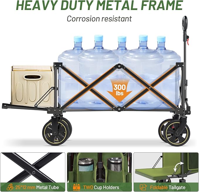 Timber Ridge 49" Extra Long Collapsible Folding Wagon with Tailgate and Brakes, 300lbs Heavy Duty Foldable Wagon with Adjustable Handle, 250L Capacity Portable Cart for Outdoor Camping Sports, Green