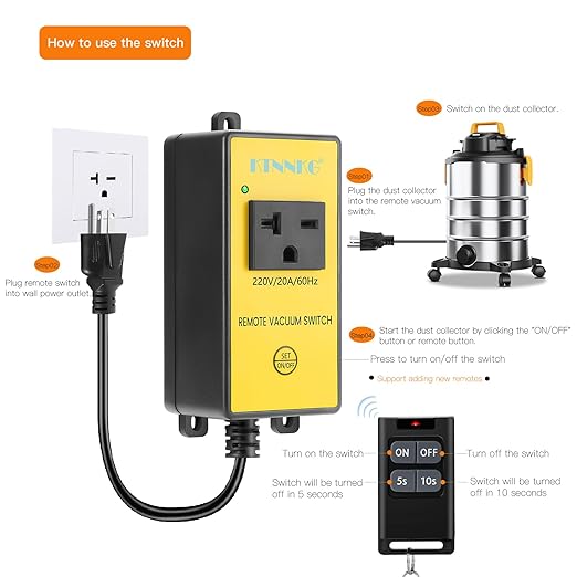 220V Automatic Remote Vacuum Switch, KTNNKG Wireless Outlet for High Power Dust Collector Tools, 5s/10s Delay Off Autoswitch,20A/60Hz/3600W