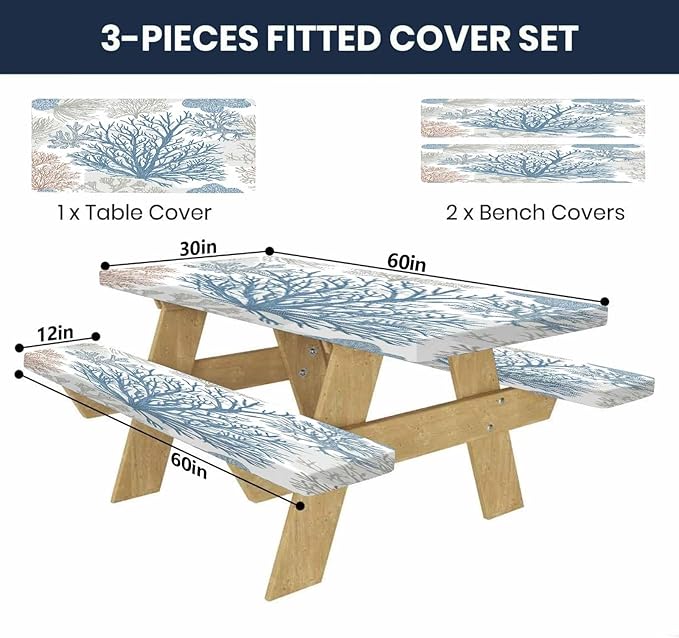 CAPSCEOLL Elastic Picnic Table Cover with Bench Covers 5Ft Waterproof Fitted Picnic Table Cover Cloths for Outdoors Camping Tablecloth with Drawstring Bag, 60X30in, Blue Sea