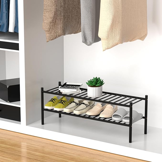 2-Tier Bamboo Long Shoe Rack, Free Standing Wood Shoe Shelf Storage Organizer for Closet Entryway Stackable 35"x11"x13" (Black)