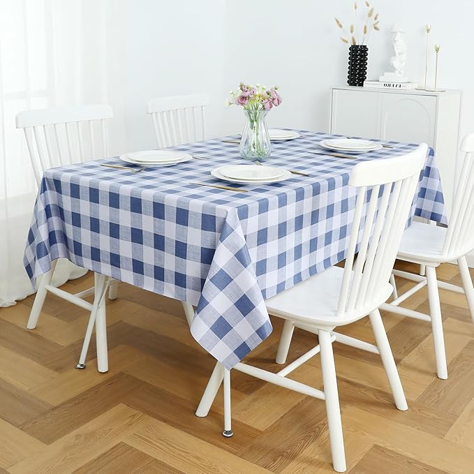Romanstile Square Plastic Tablecloth, 100% Waterproof Oil-Proof Checkered PVC Table Cloth, Heavy Duty Vinyl Table Cover for Dining, Camping, Picnic, Outdoor - 54 x 54 Inch, Light Blue and White