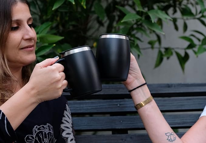 CHILLOUT LIFE Stainless Steel Insulated Coffee Mugs Set of 2 (14 oz) - Double Wall Coffee Cups With Spill Resistant Lid & Strong Handle, Shatterproof Cups for Cold Drinks, Hot Beverages