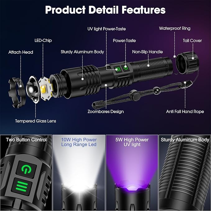 UV Blacklight&High Lumens Flashlight Rechargeable, Powerful Blacklight Flashlights for Pet Urine Detection, Resin Curing, Scorpion, Zoomable Waterproof Tactical LED Flashlight for Camping, Emgergency