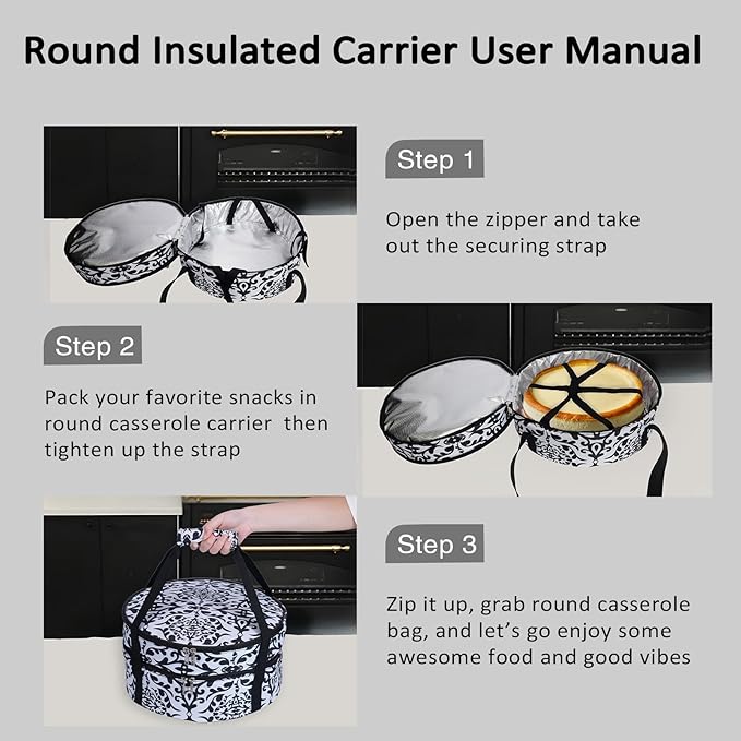 Round Insulated Pie Carrier – Double Decker Thermal Portable Lunch Transport Cake Dish Container Bag Keep Food Hot/Cold/Fresh for Potlucks Parties Gathering/Cookouts/Church Dinner/Outdoor Events-Black