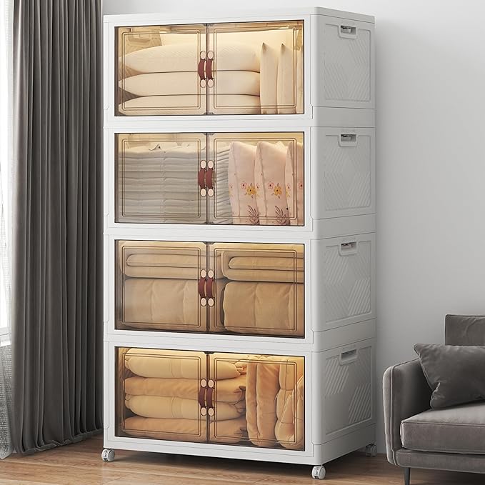 Extra Large Stackable Storage Bins with Lids & Wheels & Door, 640QT-160QT/40GAL*4Pack Foldable Collapsible Closet Organizers, Plastic containers drawers for bedroom Dorm