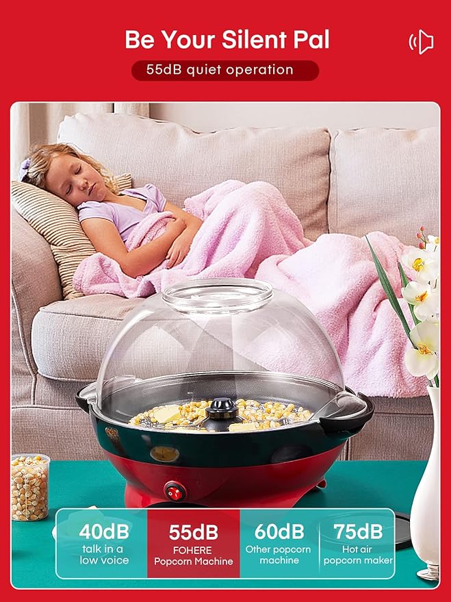 Popcorn Machine, FOHERE 6.3 Quarts Electric Hot Oil Popcorn Popper Machine with Stirring Rod, Large Lid for Serving Bowl and Convenient Storage, Removable & Nonstick Plate, 28Cups, Two Measuring Cups