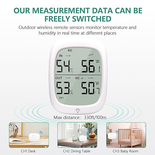 Indoor Outdoor Thermometer Wireless, Outside Digital Thermometer Humidity with IP66 Waterproof Sensor, LCD Backlight, Max/Min Trend, Wireless Humidity Gauge for Home Room Greenhouse,Patio