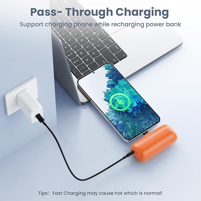 Mini Portable Charger for iPhone 16/15, 5200mAh 3A PD USB C Power Bank Cell Phone Fast Charging,Ultra-Compact Battery Pack for iPhone 16/15/15 plus/15 pro/15 pro Max/Android/Samsung/Moto/LG-Orange