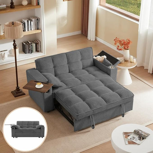 65.35" 3-in-1 Folding Sofa Bed with Pull-Out Mattress, Velvet & Sherpa Upholstery, Adjustable Backrest, Side Table – Modern for Small Spaces, Apartment, Living Room (Dark Grey)