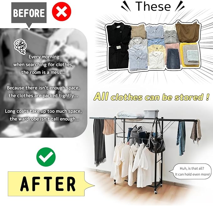 lumizone Folding Clothing Rack with Wheels Expandable Wardrobe Portable Clothes Rack for Hanging Clothes Adjustable Closet Shelves Garment Rack Durable Closet Racks for Hanging Clothes (Pro Black)