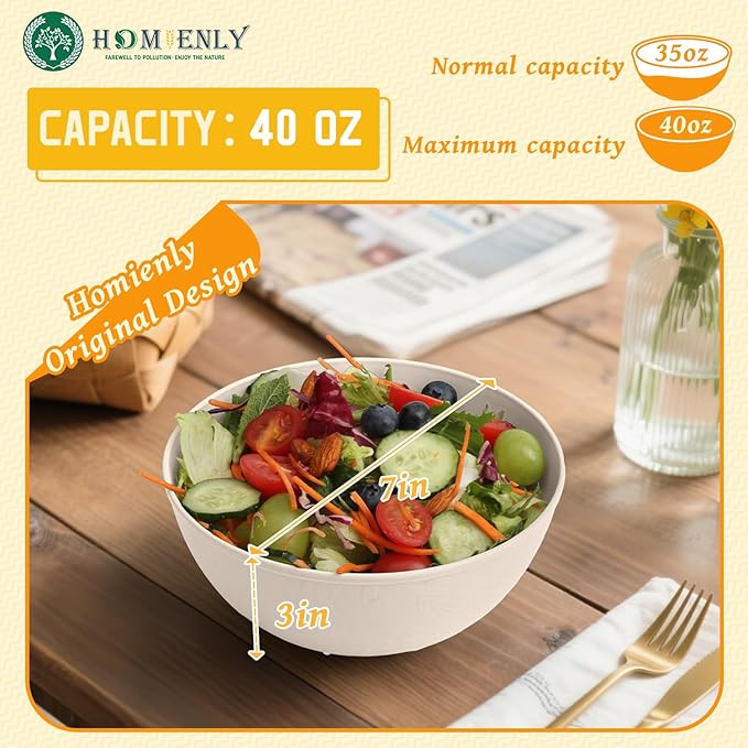 Homienly Wheat Straw Bowls for Kitchen, Bowl Set with Unique Texture 6 PCS, 40 OZ Large Capacity Bowls for Salad, Cereal, Soup, Popcorn, Ramen, Microwave and Dishwaher Safe, Outdoor Safe - Beige