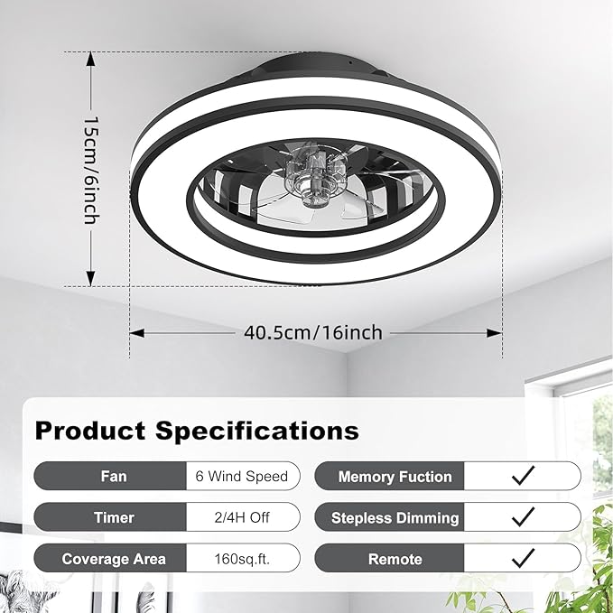 Ceiling Fans with Lights, 16'' Modern Low Profile Ceiling Fan Light with Remote, 3000-6500K Dimmable LED Fan Light, 6 Speeds Small Flush Mount Ceiling Fan for Bedroom, Kids Room (Black)