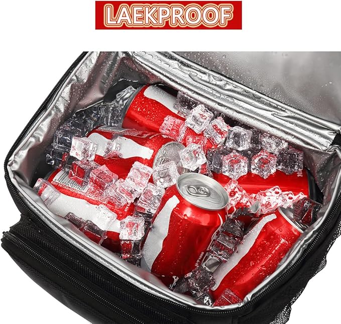 FlowFly Insulated Reusable Lunch Bag Adult Large Lunch Box for Women and Men with Adjustable Shoulder Strap,Front Zipper Pocket and Dual Large Mesh Side Pockets, Black