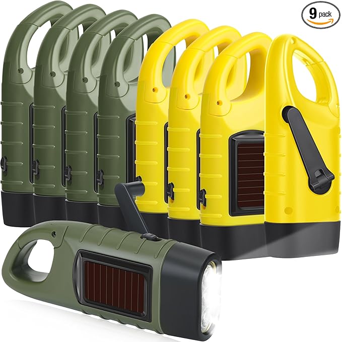 Leelosp 9 Pieces Hand Crank Flashlight Solar Powered Flashlight for Emergencies Dynamo Rechargeable LED Survival Light for Outdoor Sports Hiking Camping(Green,Yellow)