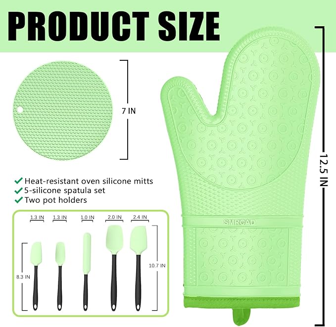 Oven Mitts with Heat-Resistant Hot Pads and Five Silicone Spatulas Designed for Kitchen Baking Cooking, Oven Glove Soft Cotton Lining, Waterproof, BPA-Free (Fluorescent Green, 12.6)