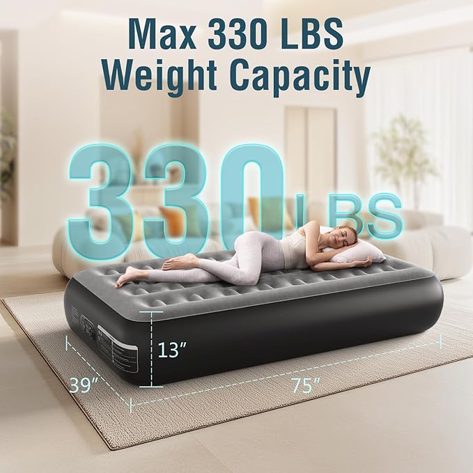 Twin Air Mattress Twin with Built in Pump 13" Double Height Inflatable Mattress with Soft Flocked Top & Carry Bag Adjustable Blow Up Mattress Portable Air Bed for Guest Indoor Travel-Black