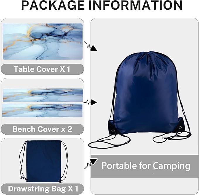 CAPSCEOLL Fitted Picnic Table Cover with Bench Covers with Elastic 6Ft Waterproof Camping Picnic Table Cover Cloths for Outdoors Camping Tablecloth with Drawstring Bag, 72X30in, Blue Marble