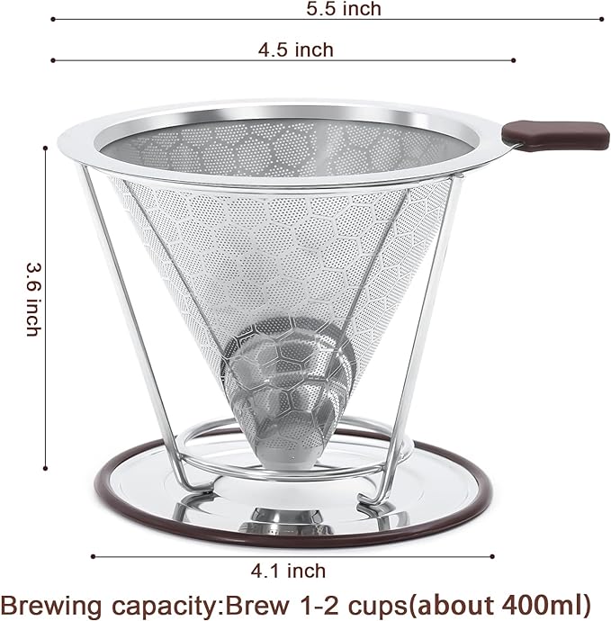 Pour Over Coffee Dripper, MISETTO Stainless Steel Filter,Easy to Clean Paperless pour over coffee maker,Reusable Filter,Cone Dripper with Removable Cup