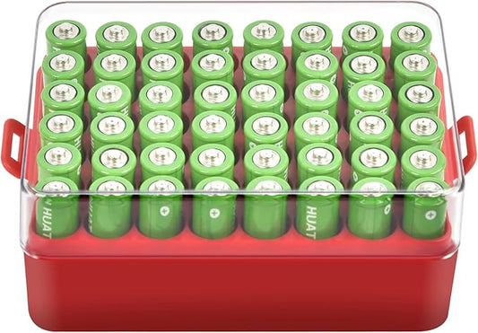 ALCYON Battery Organizer Storage Case, Small Battery Vault Box Container for 48pcs AA Batteries, Plastic Clear Protective Battery Holder for Travelling/Home/Office (Red, Large)