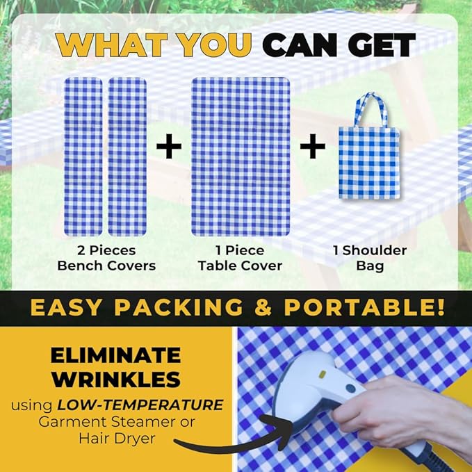 RNOONY Vinyl Fitted Picnic Table Cover with Bench Covers and Bag, Outdoor Waterproof Picnic Tablecloth with Elastic Edges, 96x30 Inches 3 Pcs Set (Blue Checkered)