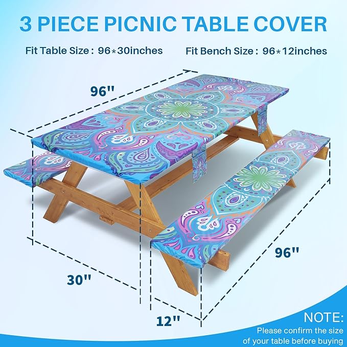 Picnic Table Cover with Bench Covers Fitted Waterproof Large Camping Tablecloth with Elastic for 8 Foot Tables Outdoor Travel RV Essentials Summer Vacation Accessories Fun Gifts for Couples