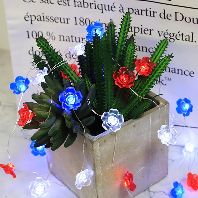 4th of July Decorations Rose Fairy Lights, 30 LED Red White Blue Rose String Lights with Remote Control Patriotic Lights for Memorial Day, Independence Day, Christmas Decor (Rose)