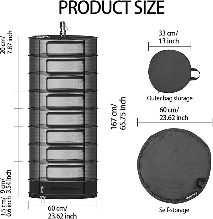 Herb Drying Rack Hanging Mesh Net，6+1 Layer Plant Drying Rack with Door-Type Zipper & Closed Storage Compartment for Folding Basket Dryer Fit in Grow Tents、Garden Outdoor