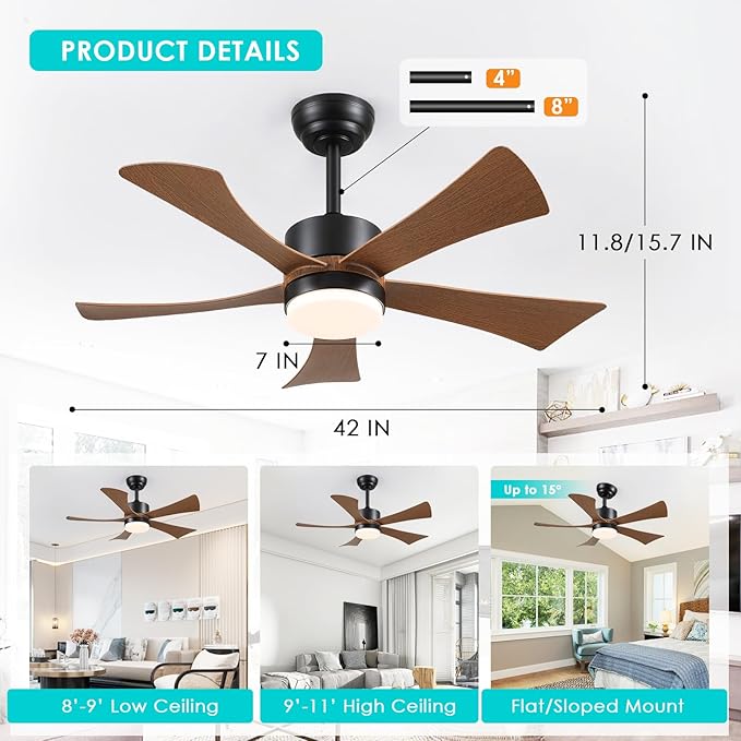 42 inch Ceiling Fans with Lights, Modern Ceiling Fan with Remote Control App, DC Motor Quiet, 3CCT Dimmable Memory, Led Sloped Flat Ceiling Fan with Light for Bedroom Indoor&Outdoor Patio Wood Brown