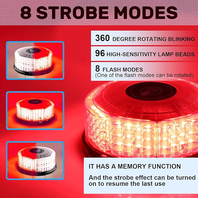 Red Beacon Light, 7" LED Rotating Beacon Red Flashing Safety Warning Lights Magnetic Beacon Emergency Strobe Lights for Trucks Trailer Tractor Forklift Golf Carts Construction Vehicles