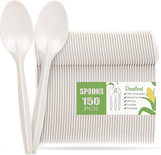 Gezond Compostable Spoons 150 Pack 6.7 Inch Disposable Spoons No Plastic Biodegradable Cutlery Set Heavy-duty for Party Wedding Camping Office Picnic