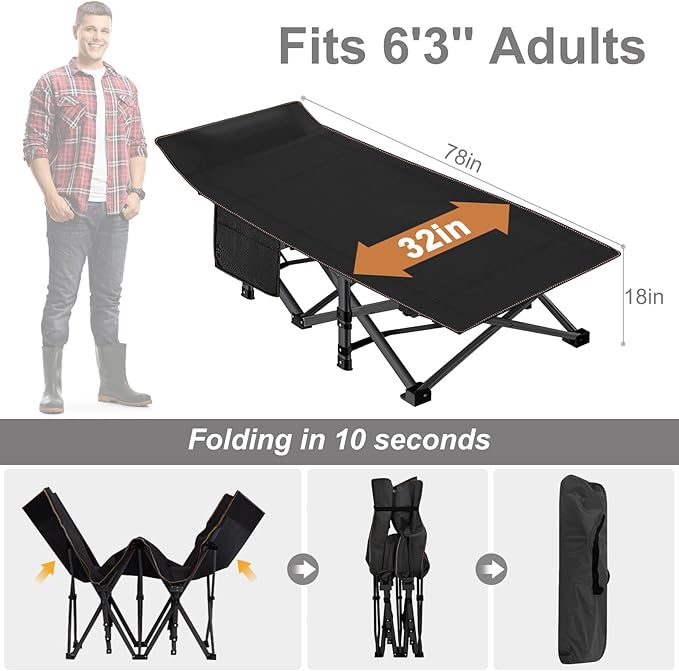 ABORON Folding Camping Cot W/Mat for Adults, Heavy Duty Outdoor Bed with Carry Bag,1200 D Layer Oxford Travel Camp Cots