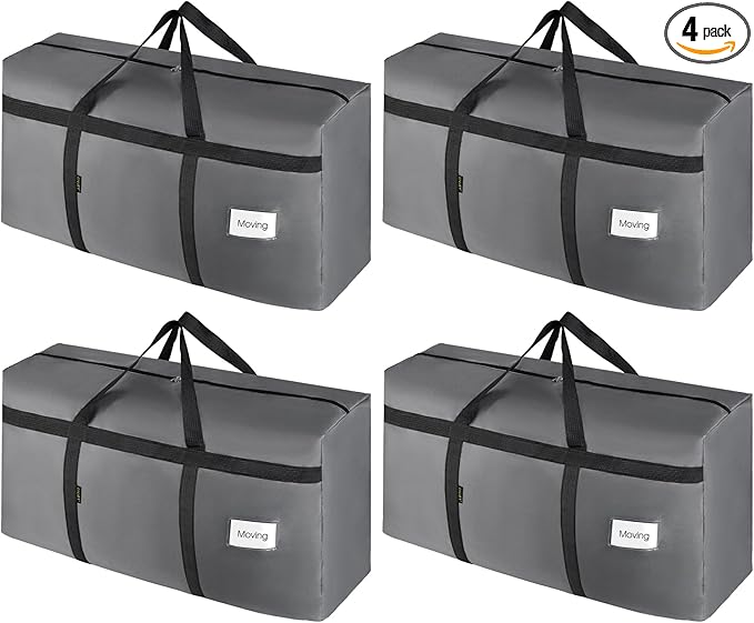 4 Pack Moving Bags Heavy Duty Extra Large 90L, College Packing Bags for Moving Clothes, Moving Supplies & Boxes with Zippers and Handles, Storage Bags Moving Totes Camping Essentials (Grey)