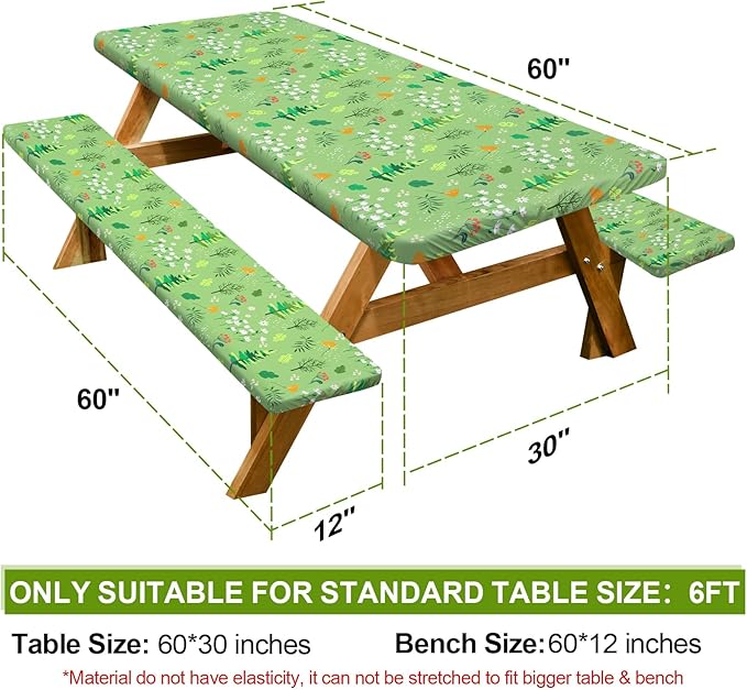 Picnic Table Cover with Bench Covers Camping Essentials Waterproof Windproof Camping Tablecloth with Drawstring Bag, Fitted Rectangle Tables and Seats, 60in, Grass Green
