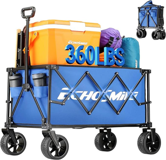 EchoSmile Collapsible Folding Wagon Cart 360lbs, Heavy Duty Garden Utility Cart with All Terrain Wheels, Large Capacity Outdoor Wagon for Camping, Beach, Shopping, Picnic (Blue)