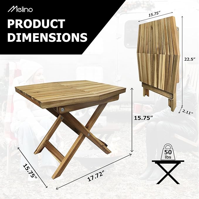 Melino Wooden Folding Table - Natural Acacia Wooden Small Foldable End Coffee Tables - FSC Certified Solid Wood Patio Side Table - Weather Resistant & Fully Assembled - Indoor and Outdoor Furniture