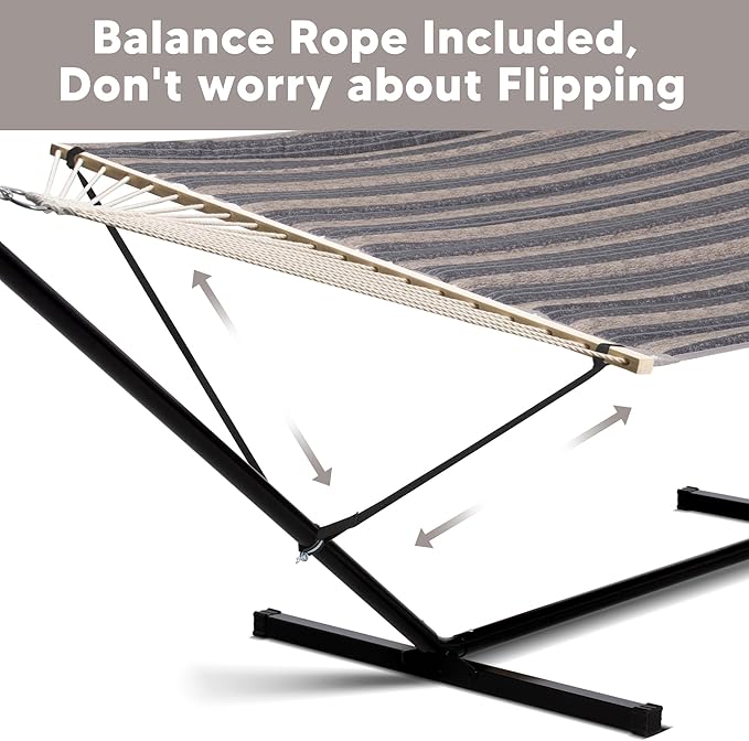 SUNCREAT Hammock with Stand 2 Person Heavy Duty, Freestanding Hammock with Spreader Bar, Soft Pillow, Gray Stripes