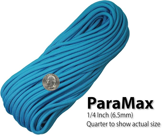 1/4" ParaMax Paracord 100 ft – 1000 lb Type IV Rope for Dog Leashes, Camping, Kayak Anchor - Made in USA - Neon Turquoise