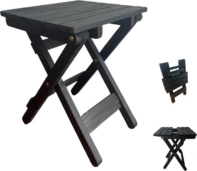 Outdoor Side Table, No Assembly Folding Wooden End Table for Outside or Indoor, Small Patio Tables for Camping, Pool, Bathroom, Backyard and Porch (Black)