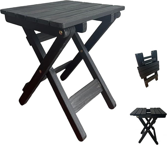 Outdoor Side Table, No Assembly Folding Wooden End Table for Outside or Indoor, Small Patio Tables for Camping, Pool, Bathroom, Backyard and Porch (Black)