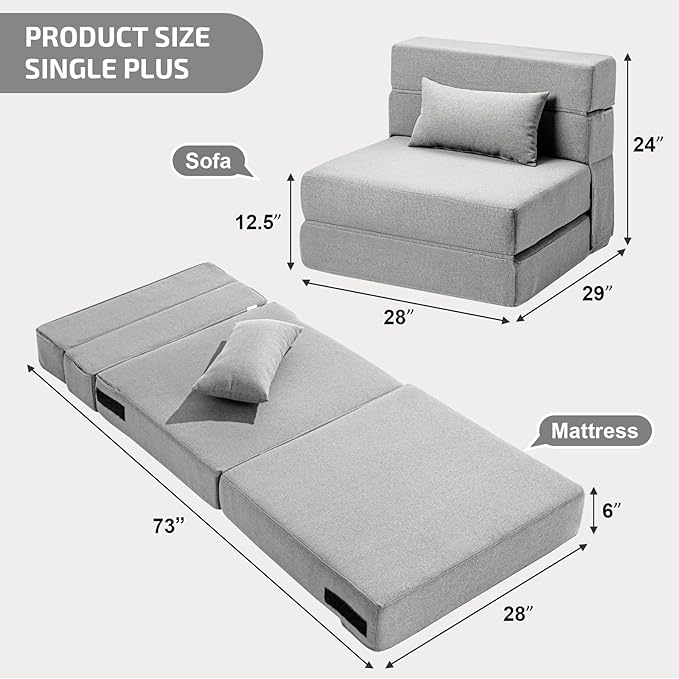 Folding Sofa Bed with Pillow- Convertible Chair Floor Couch & Sleeping Mattress, Foldable Memory Foam Sleeper for Living Room/Dorm/Guest Room/Home Office/Apartment/Loft, Single28, Light Gray