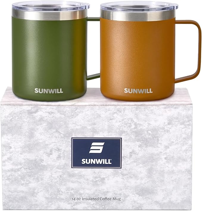 SUNWILL Travel Coffee Mug with Lid, Insulated Tumbler Set of 2, Stainless Steel Cup 14 oz for Camping, Outdoor, Gifts, Powder Coated Olive & Caramel