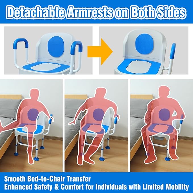 Lumizone Portable Toilet Chair for Elderly Adjustable Bedside Commode with Armrests & Sliding Bucket 5-Level Height Odor-Proof Double Lid Non-Slip Feet Supports 220 lbs, Lightweight for Home/Travel